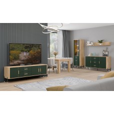Kumode ar atvilknēm un durvīm DANTE DT08, Ozols cremona/Zaļš matēts/Zelts
